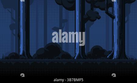 Dark forest at night pixel art. Horizontal seamless pixelated backdrop for 8-bit video-game level Stock Vector