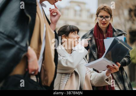 Three businesswomen collaborating and reviewing documents outdoors in an urban setting Stock Photo