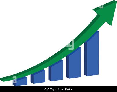 3D business growth chart with rising arrow isolated on transparent or white background Stock Vector