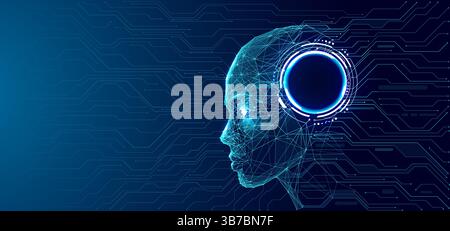 AI humanoid digital face with neon circle light element in brain. Stock Vector