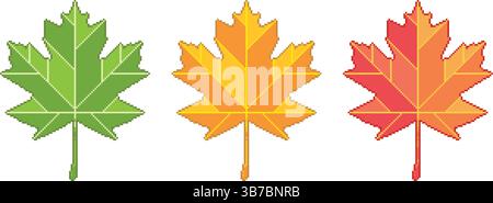 Pixel art maple leaves. Colorful autumn foliage in retro 8-bit style. Vector symbols for video game designs, fall season patterns and decorations Stock Vector