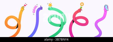 Colorful twisting gesture shapes - flexible human waving hands reach upwards. Vivid bendable arm icons showing thumbs up and heart sign, holding star, flower and smartphone. Gradient rubber body part. Stock Vector