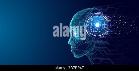Humanoid robot with quantum neon light AI processor in a head. Stock Vector