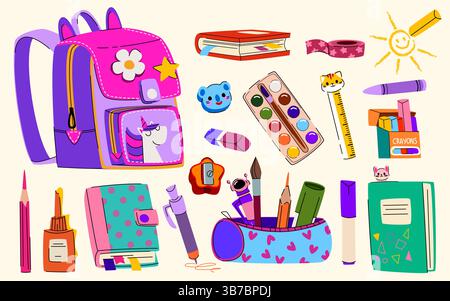 School stationery stickers set - bright backpack with patches and pencil case, crayons and notebooks, paint palette, brushes and rulers, notepads and bookmarks. Cartoon fun educational supplies. Stock Vector