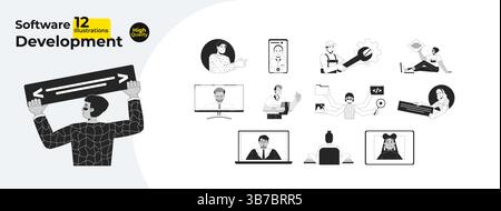 Software development characters outline illustrations mega bundle Stock Vector