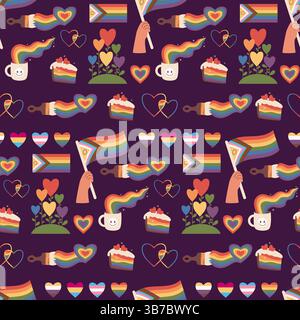 Pride month. Seamless Pattern LGBT Rainbow Hearts, flags, symbols and signs on dark purple Background. LGBTQ community. Trendy Holiday backdrop. Vecto Stock Vector