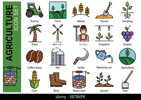 Farm icon set. colored outline icon style. containing icon wheat, seedling, farmer and more. Agriculture element vector illustration Stock Vector