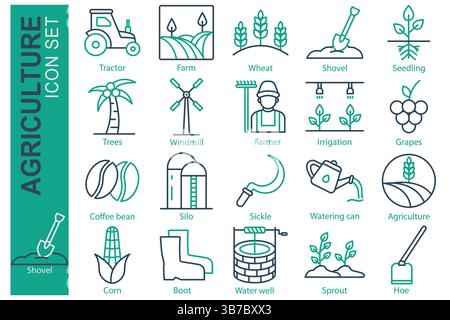 Farm icon set. line icon style. containing icon wheat, seedling, farmer and more. Agriculture element vector illustration Stock Vector