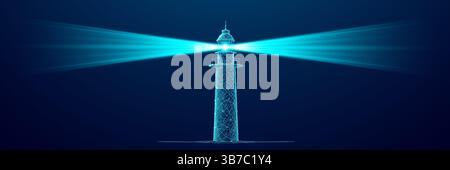Digital lighthouse with bright beam on dark blue technology background Stock Vector