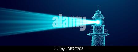 Close-up lighthouse. Bright beam on dark blue technology background Stock Vector