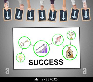 Hands holding writing slates with arrows pointing on success concept Stock Photo