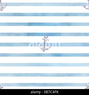 Cute stripes of white and blue colors and ship anchors, seamless pattern. Watercolor illustration. Vertical gray-blue stripes, isolated on white backg Stock Photo