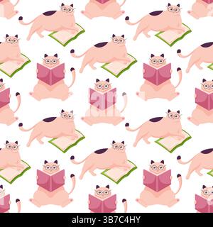 Seamless pattern of cute cartoon cats with glasses, reading books, playful and educational design. Ideal for children product, textile, and creative Stock Vector