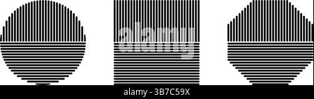 Black striped geometric shapes isolated on white background. Streaky circle, square and octagon forms. Minimalistic design elements. Vector graphic illustration. Stock Vector