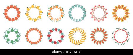 Fruit frame set. Different fruits design template, copy space. Cute hand drawn fruits round frame in doodle style. Circular template. Hand drawn Stock Vector