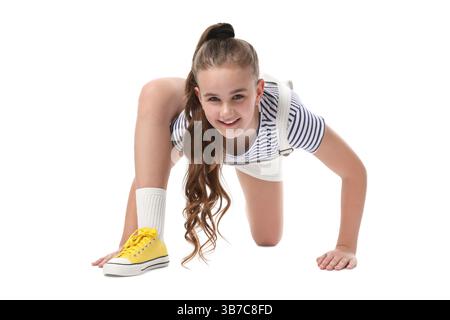 Girl in stylish clothes dancing on white background Stock Photo