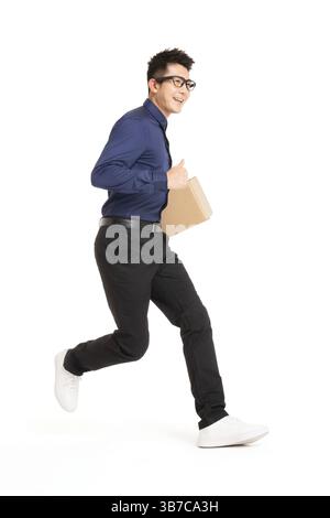 A tech-savvy young professional using AR glasses for efficient package delivery. Stock Photo