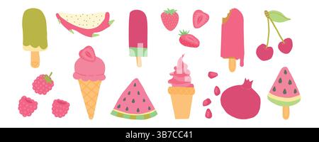 Vivid red and pink ice cream, popsicles, and berries including watermelon, cherry, and raspberry deliver bold, fruity vibes for summer sweets Stock Vector
