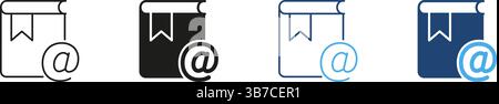 Book With At Symbol Icon Set. Digital Address Book, Email Directory, And Contact Management Outline And Silhouette Symbol Collection. Communication Stock Vector
