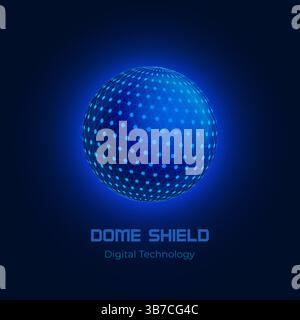 Sphere of interconnected dots, 3d ball on a dark blue background, dome shield, AI artificial intelligence technology, Protection against viruses and Stock Vector