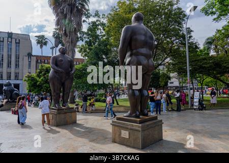 Adam and Eve,  sculptures by Fernando Botero in the Botero Plaza in Medellin, Colombia. Stock Photo