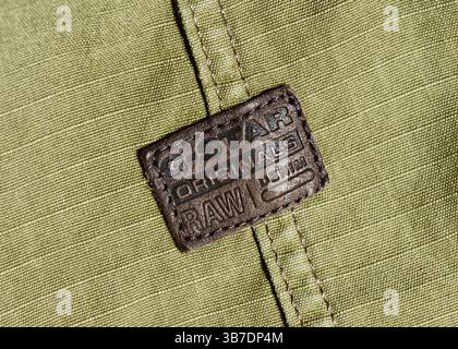 G-Star RAW leather label on jacket, G-Star Originals Raw Denim Stock Photo