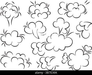 Set of explosion clouds doodle sketch style. Comic elements hand drawn ink collection. Text cloud or frame, vector graphic Stock Vector