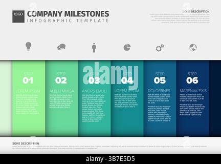 Clean infographic template showing six company milestones. This step-by-step infographic template displays a linear process, perfect for business pres Stock Vector