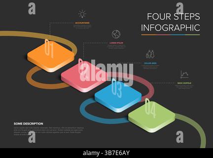 Modern four step infographic design template with isometric style cubes. Four step process infographic perfect for illustrating steps, workflow, or st Stock Vector