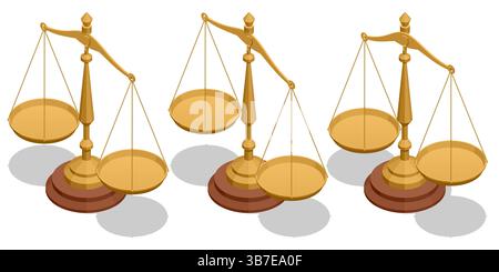 Set of three isometric justice scales in different balance positions, symbolizing legal decisions and fairness. AML Anti money laundering financial Stock Vector