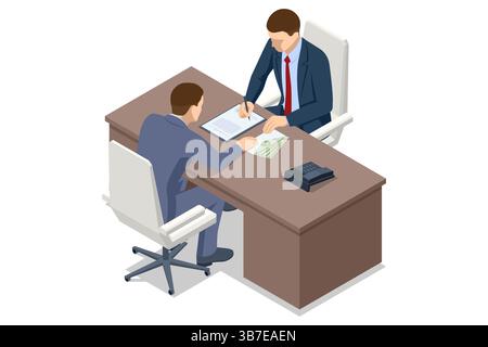 Isometric scene of a businessman discreetly offers cash to another man signing documents at a desk, symbolizing a corrupt transaction. AML Anti money Stock Vector