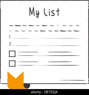 Minimalist hand-drawn illustration of a to-do list titled "My List," featuring checkboxes and a small orange fox peeking from the bottom. Stock Vector