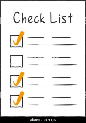 Simple hand-drawn checklist illustration with checkboxes, some marked with orange checkmarks, representing task completion, organization, or planning. Stock Vector