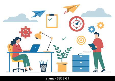 "Modern Business Workspace Productivity Concept Flat Illustration" Stock Vector