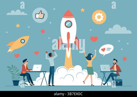 "Cartoon Rocket Ship Brand Launch Illustration with Digital Team Concept" Stock Vector