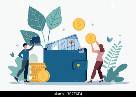 "Cartoon Financial Management Illustration with People and Money Elements" Stock Vector