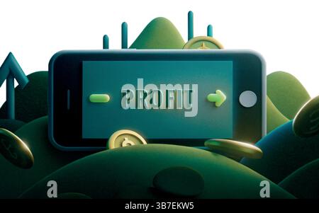 "3D Smartphone Interface with Profit Indicator and Digital Growth Icons" Stock Vector