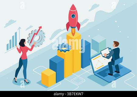 "Isometric Startup Business Concept Illustration with Modern Teamwork Design" Stock Vector