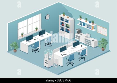 "Isometric Modern Office Design Illustration with Open Workspace Layout" Stock Vector