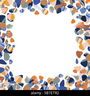 Vibrant illustration featuring a square frame composed of various colorful seashells and pebbles, creating a cheerful and inviting border on a clean w Stock Vector