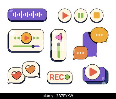Set of vector audio record interface element. Digital UI symbol of volume sliders, play or playback, stop and pause buttons, volume level and speech bubble, waveform equalizer. Sound user control. Stock Vector