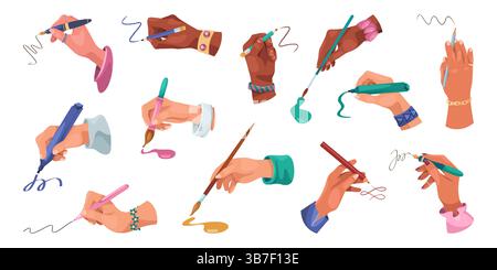 Set of vector hands holding pen or brush. Writing palm or color painting wrist. Manual write and artistic drawing. Element for painter creativity and handwriting, education and study. Calligraphy. Stock Vector