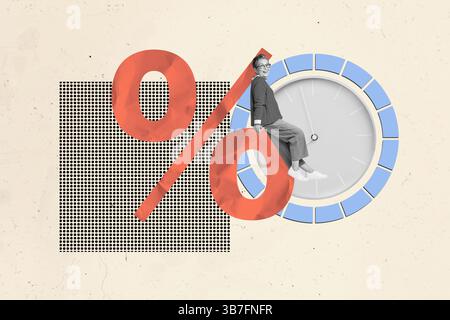 Composite image montage trend artwork 3D collage of aged woman sit percent economy clock time job human resources recruitment occupation. Stock Photo