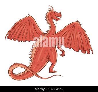 Flying red dragon. Fairytale animal. Fantasy character. Scary fantasy hero. Cartoon vector illustration isolated on white background. Hand drawn outli Stock Vector