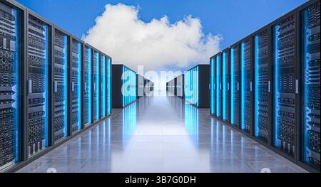 Modern server room storing big data with cloud computing technology 3d Stock Photo
