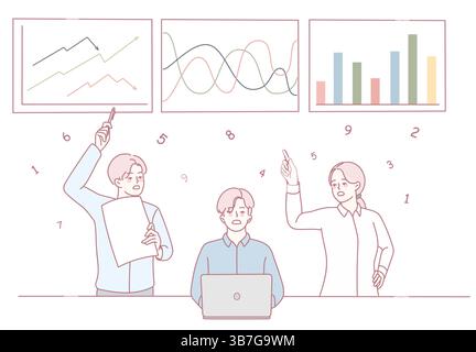 A team of professionals collaborates effectively to analyze and interpret data trends using various charts and graphs Stock Vector