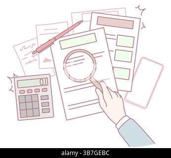 A hand holding a magnifying glass over papers, a calculator, and a phone, symbolizing document analysis. Stock Vector