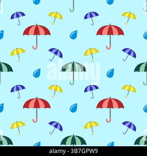 Seamless pattern of multicolored umbrellas with drops on background Stock Vector