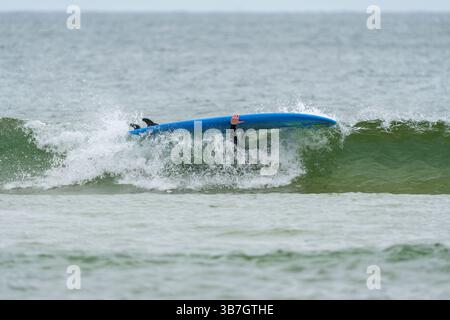 A surfer attempts to ride a wave on a large blue surfboard but is partially submerged as the wave crashes in a sea setting Stock Photo