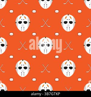 Seamless pattern hockey mask with stick and puck on orange background Stock Vector